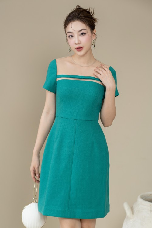 Sixdo Green Illusion Neckline Mini Raw Dress